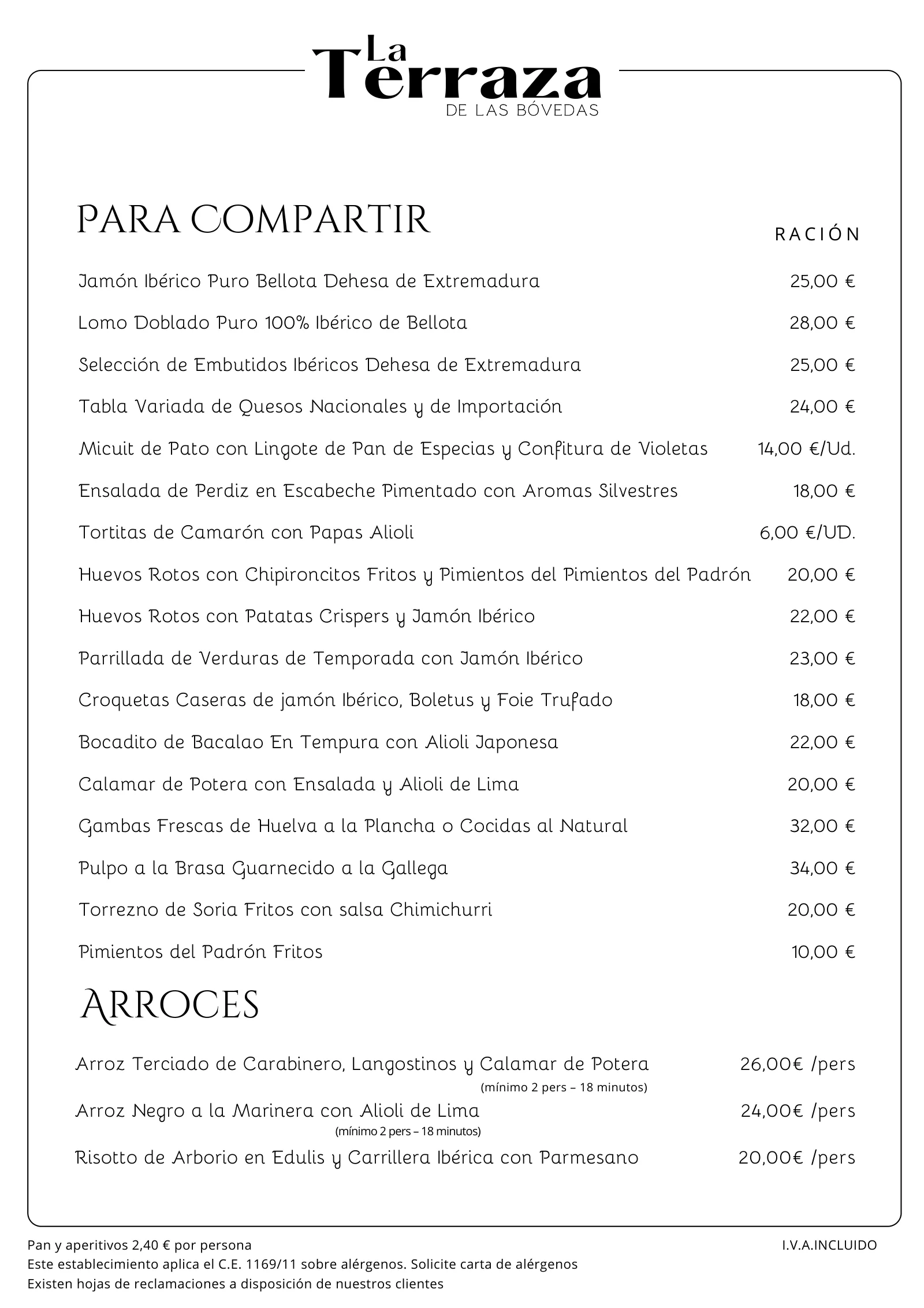 Carta del restaurante de Las Bóvedas, página 1