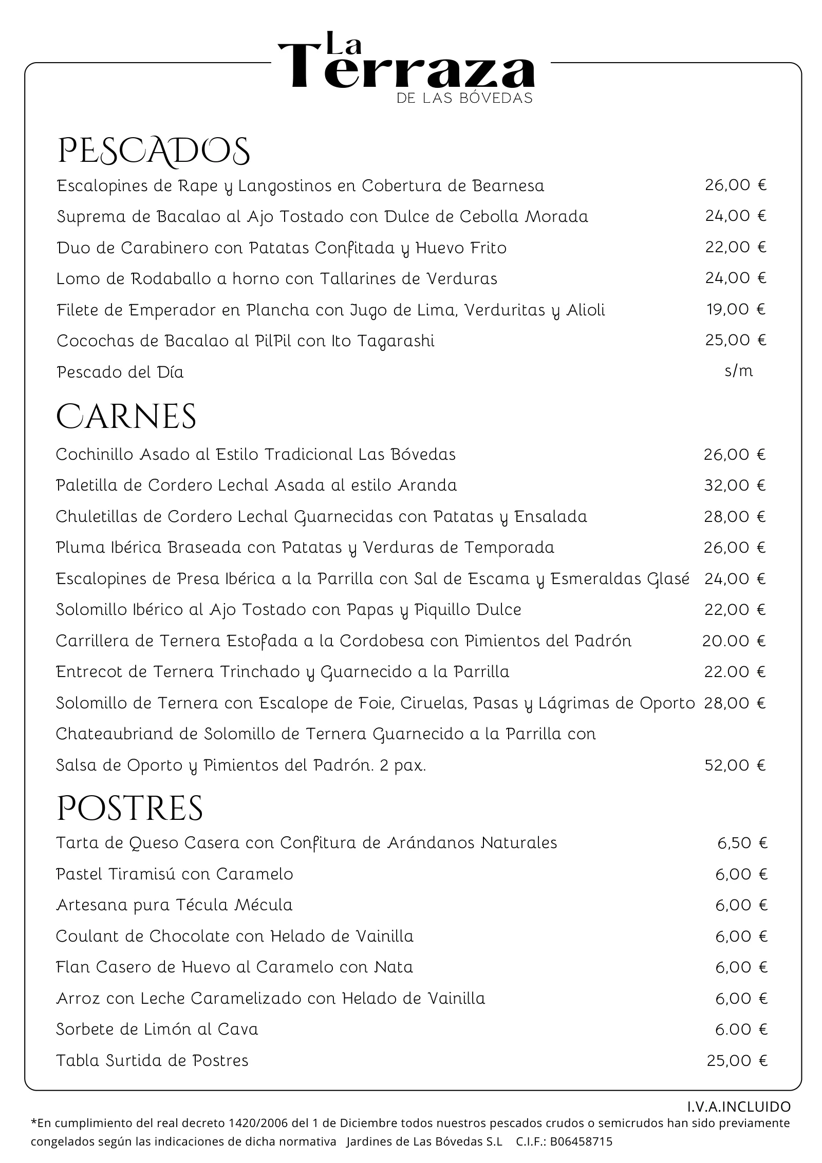 Carta del restaurante de Las Bóvedas, página 2