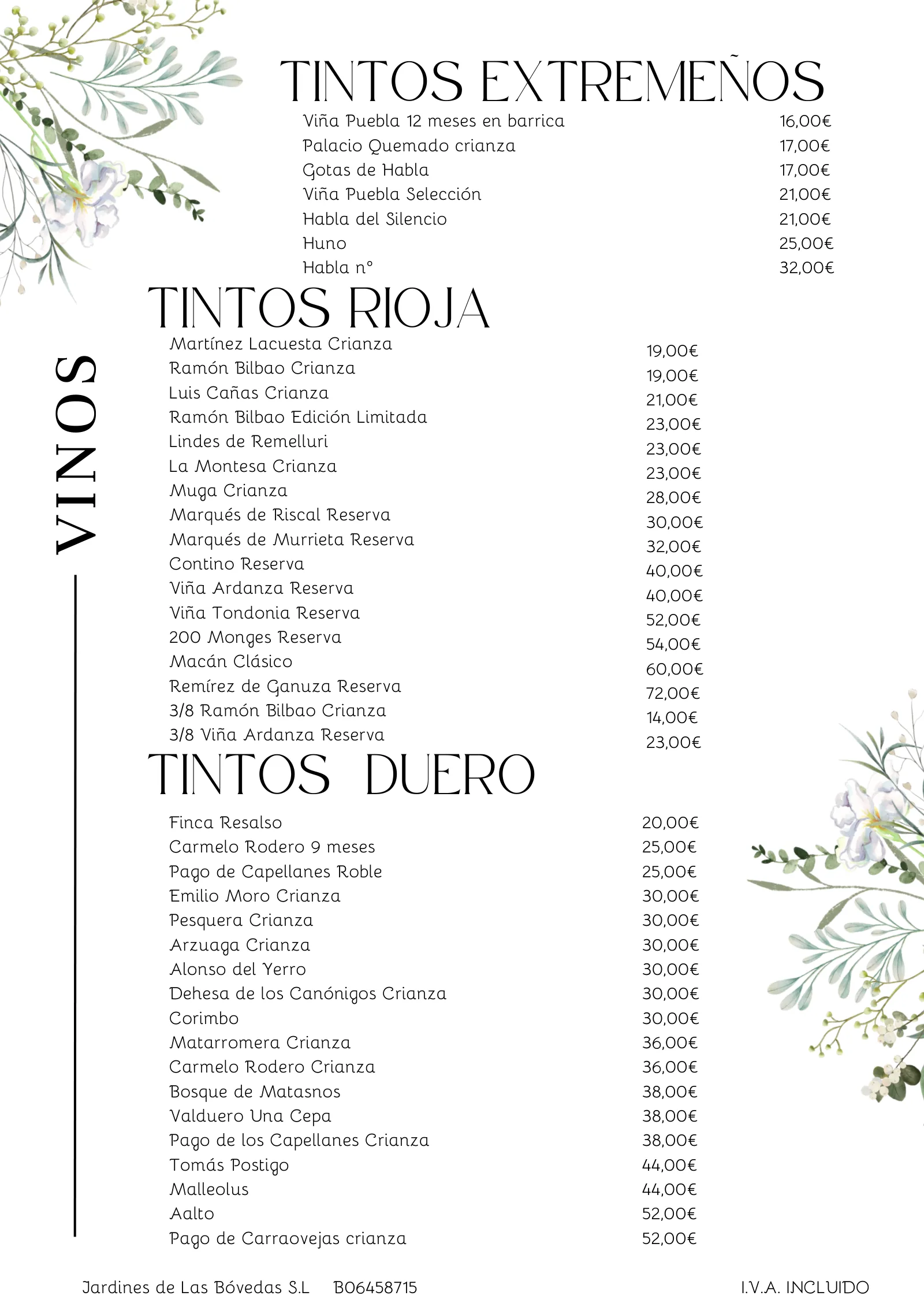 Carta de vinos de Las Bóvedas, página 1